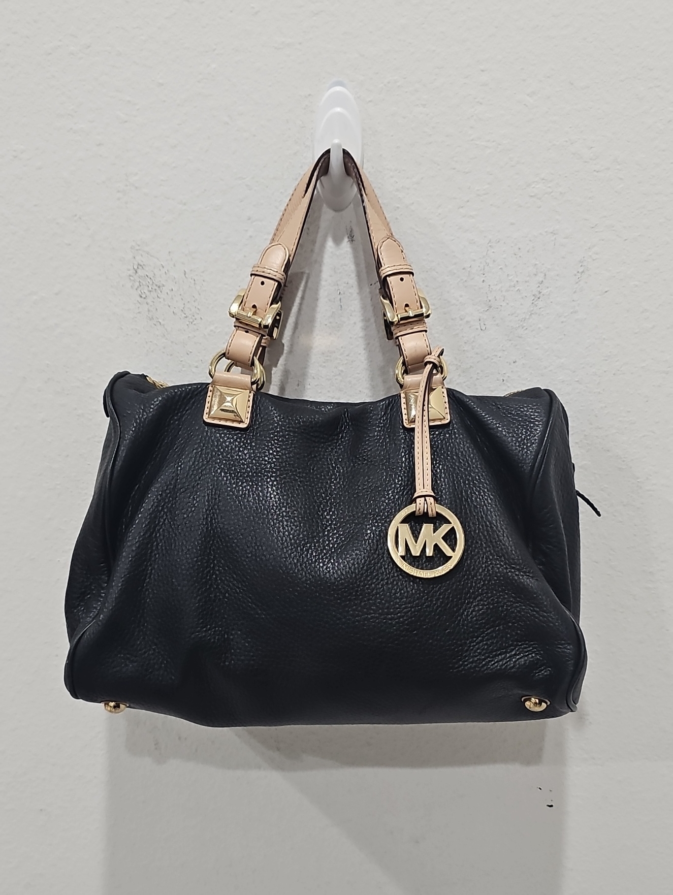 Michael Kors Black Pebbled Leather Satchel Handbag With Gold-Tone Hardware